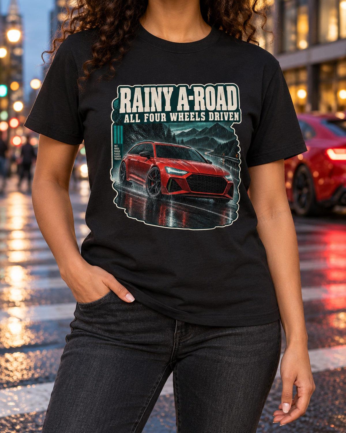 Rainy A-Road Audi RS6 Avant C8 Touge Night Car Tee T-Shirt Black worn hero