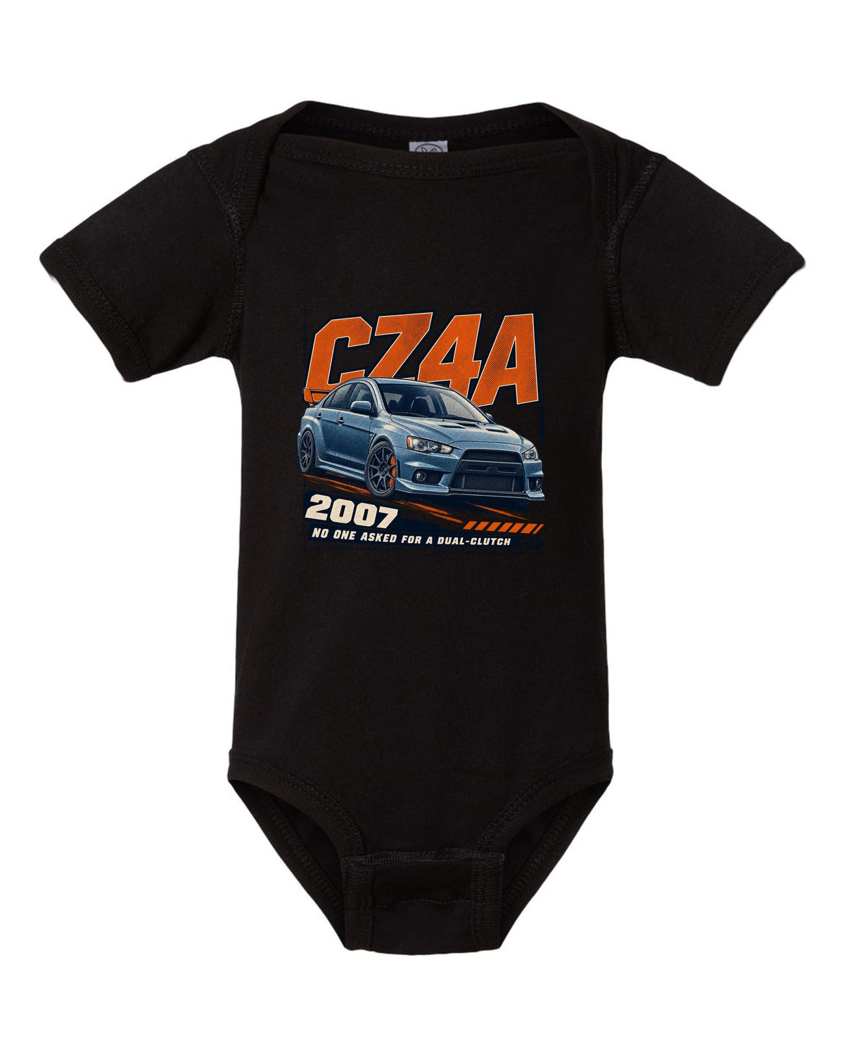 Mitsubishi Lancer Evolution X CZ4A front three-quarter halftone print black baby onesie front view with the design