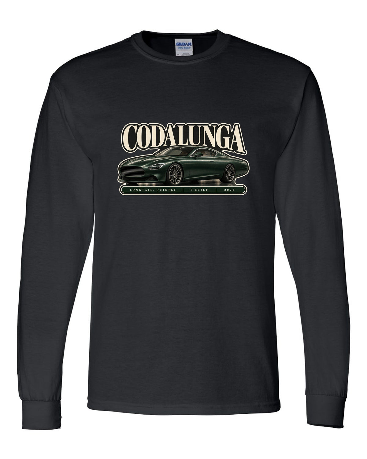 Editorial headline print of the Pagani Huayra Codalunga with the text Codalunga, longtail, quietly, 5 built, 2022 black long sleeve front view with the design