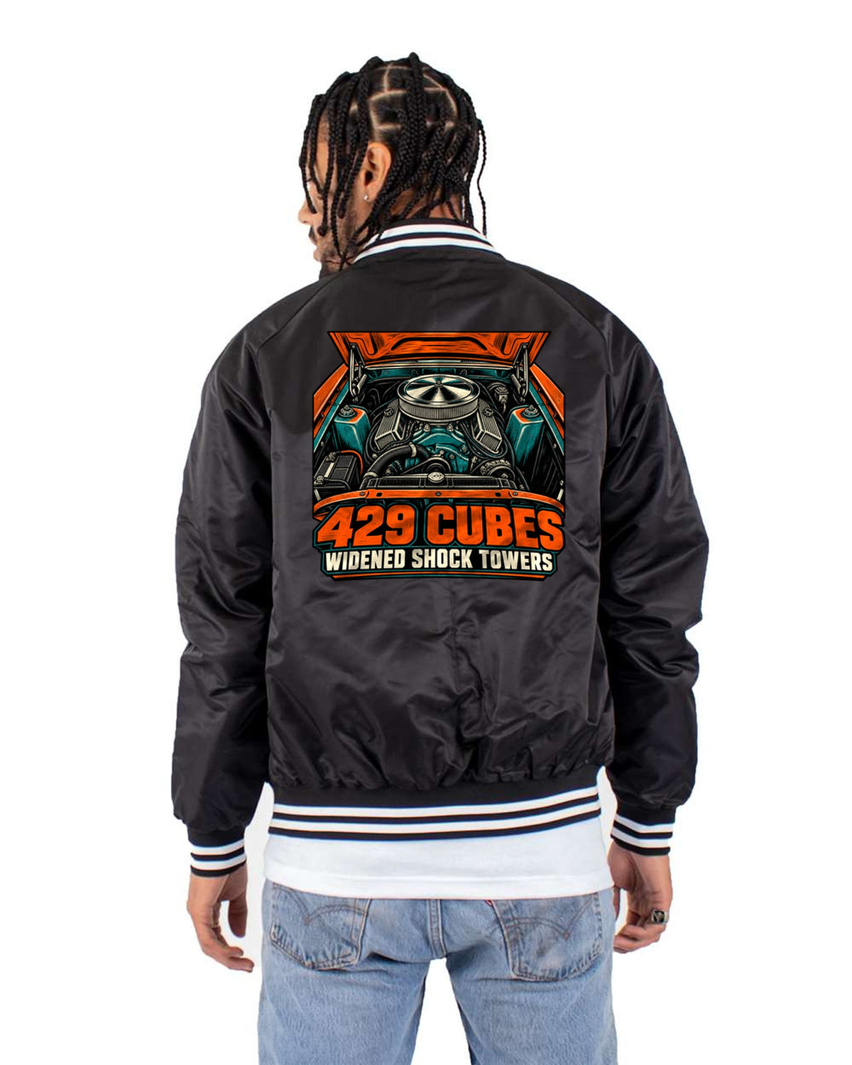 Ford Mustang 429 Engine Bay Woodcut Shirt, 1969-70 Muscle Tee Bomber Jacket Black back