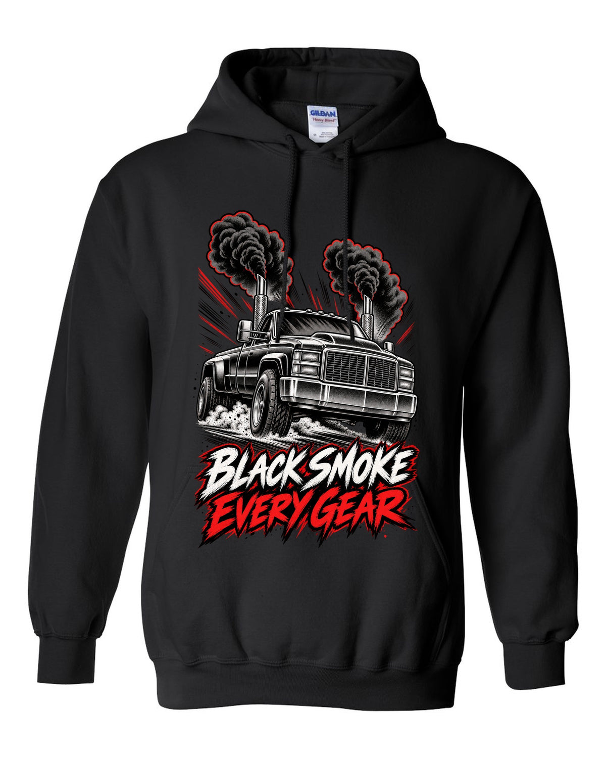 Retro manga halftone panel print of a 1994-1998 Dodge Ram 2500 12V Cummins with black smoke black pull over hoodie front view with the design