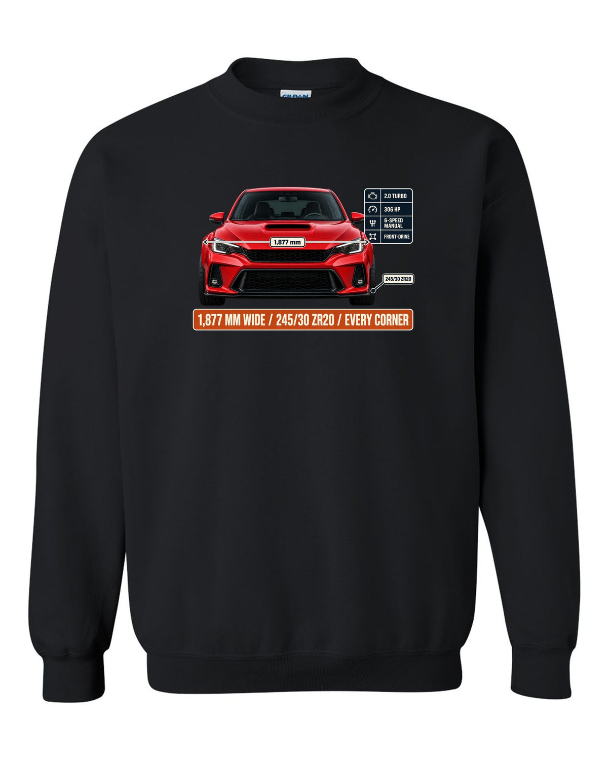 Front elevation of a Rallye Red Honda Civic Type R FK8 on a spec poster print black crewneck front view with the design