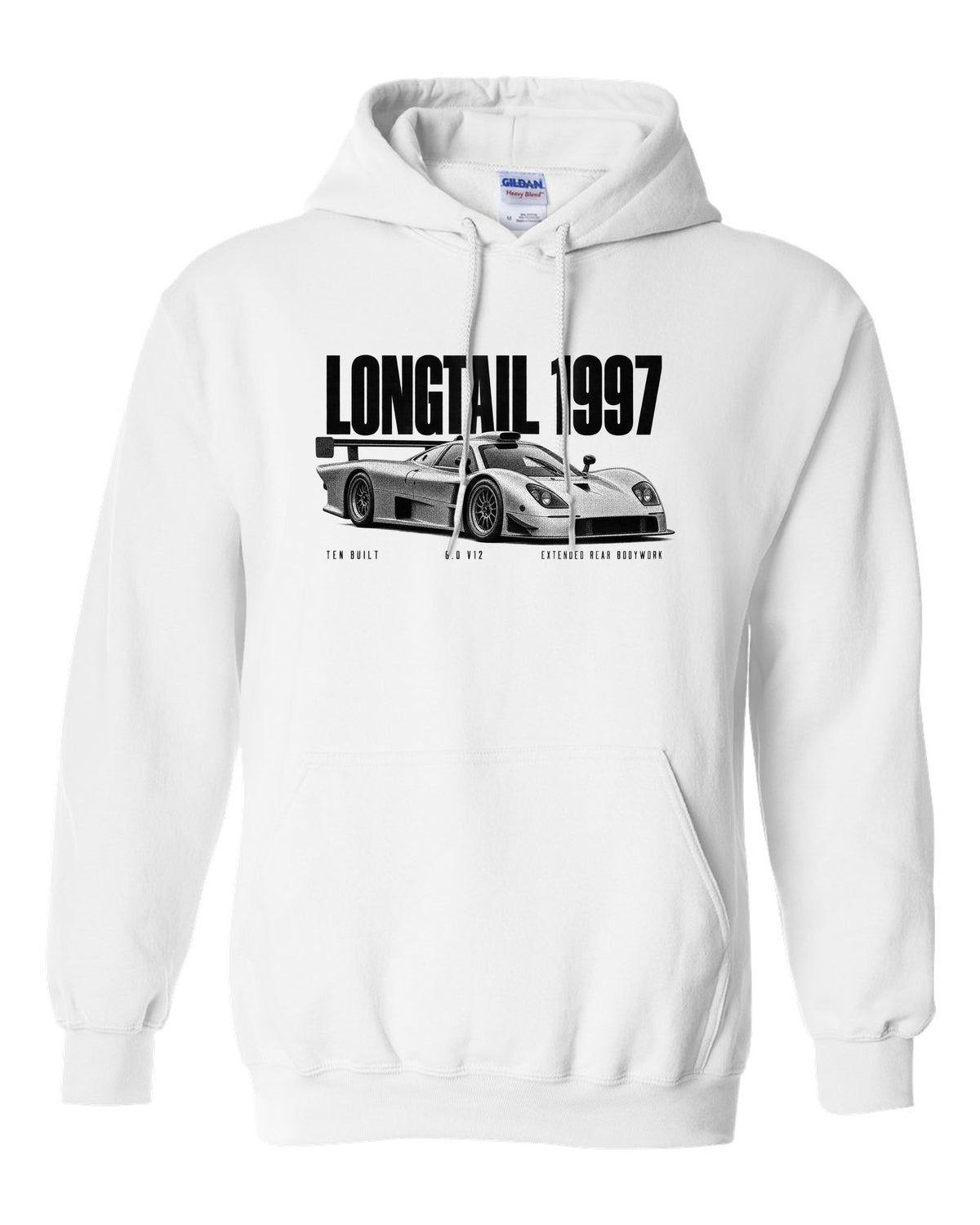 Halftone print of a 1997 McLaren F1 GTR Longtail with extended rear bodywork white pull over hoodie front view with the design