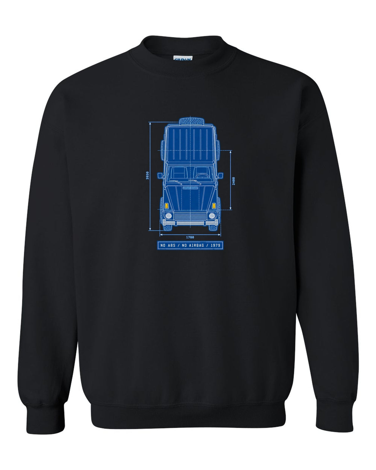 Neon synthwave taillights graphic of a Mercedes G63 W464 with exhaust exits text, print black crewneck front view with the design