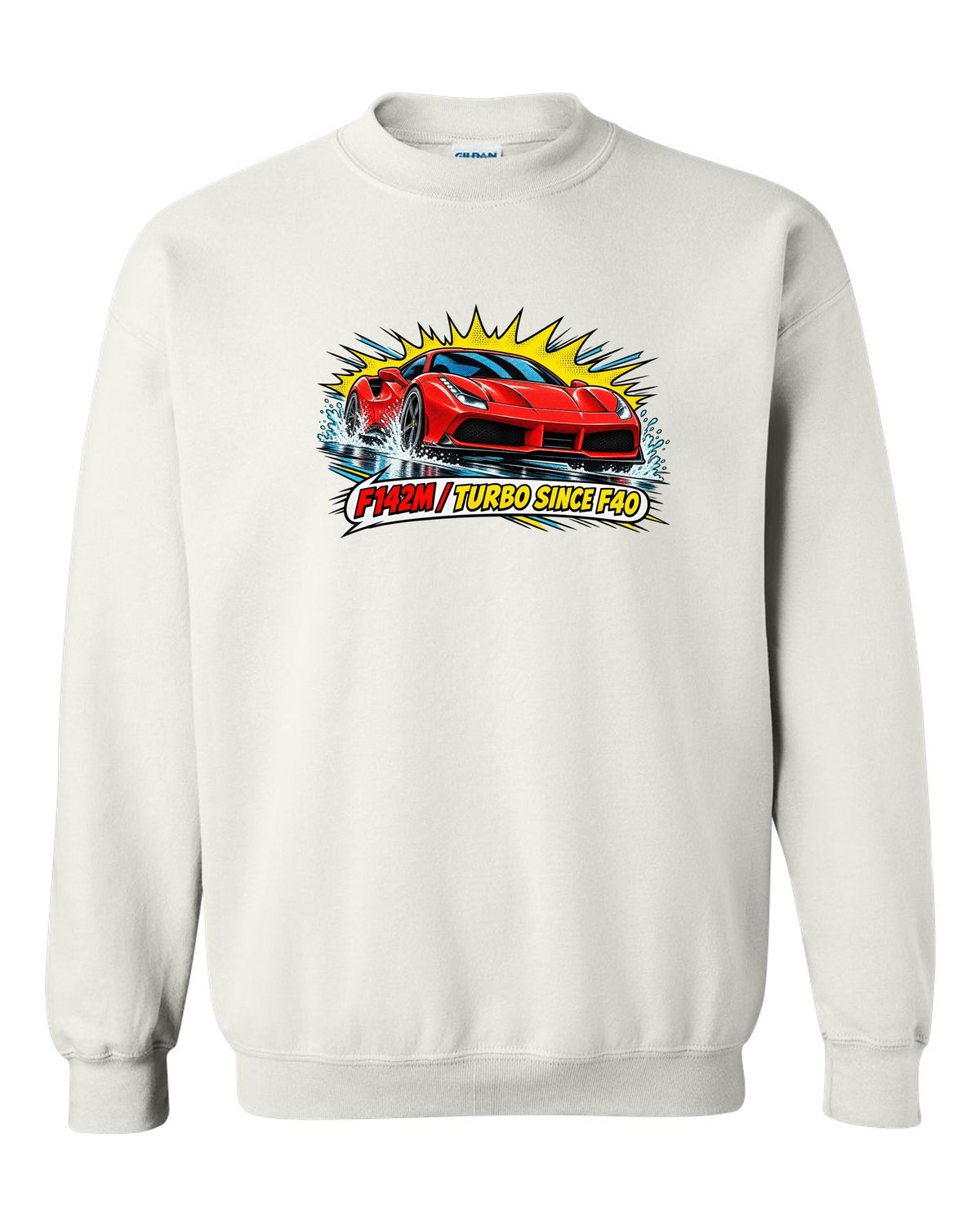 Comic halftone pop-art print of the Ferrari 488 GTB F142M with the text F142M, turbo since F40 white crewneck front view with the design