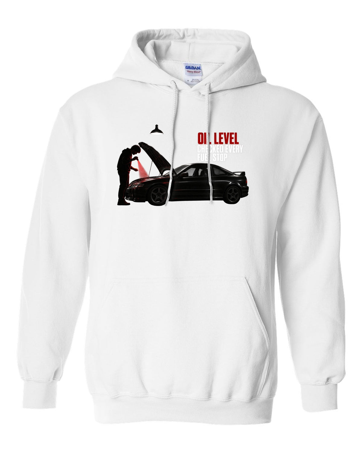 BMW E46 M3 coupe garage night print with oil level checked every fuel stop text white pull over hoodie front view with the design