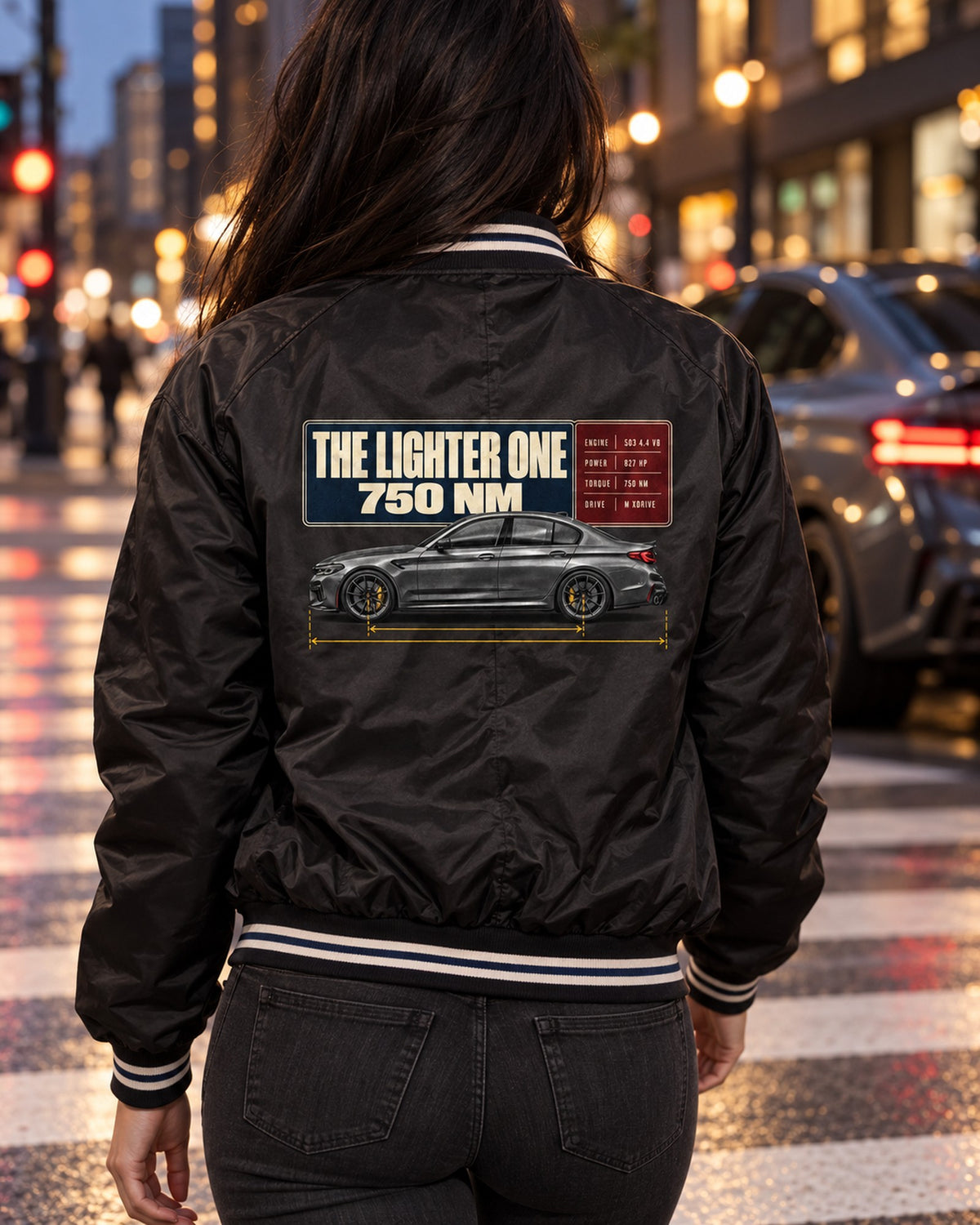 BMW M5 F90 CS Spec Poster Tee, The Lighter One Bomber Jacket Black worn hero