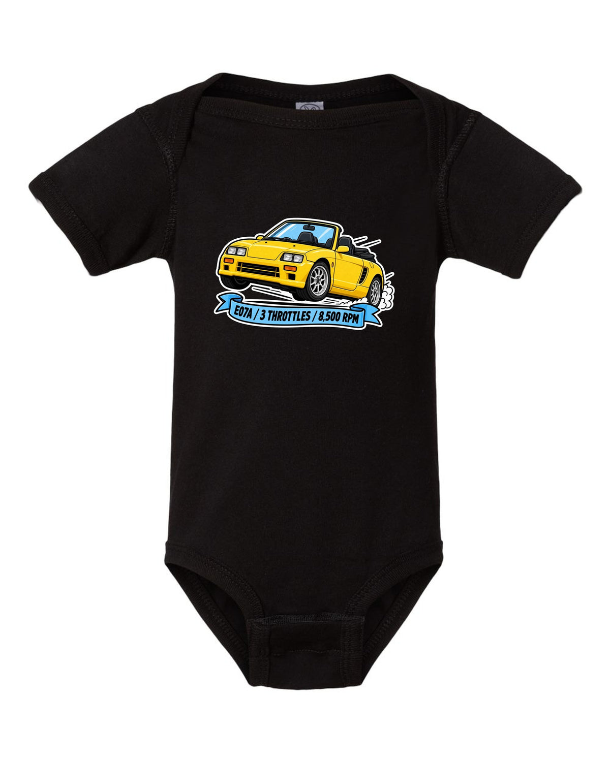 Sticker-style illustration of a Honda Beat PP1 with E07A engine and 8,500 rpm lettering black baby onesie front view with the design