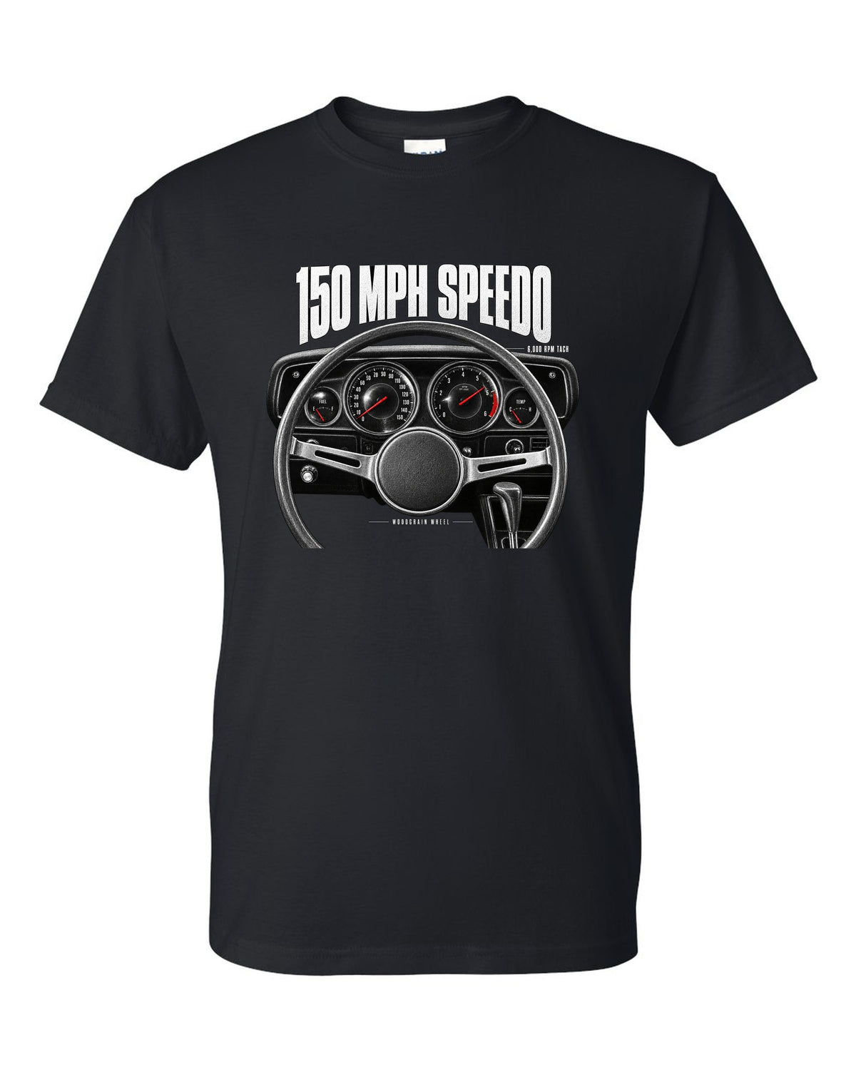Cockpit gauge print of a 1970 Dodge Challenger R/T with speedometer, tach and woodgrain wheel black t-shirt front view with the design