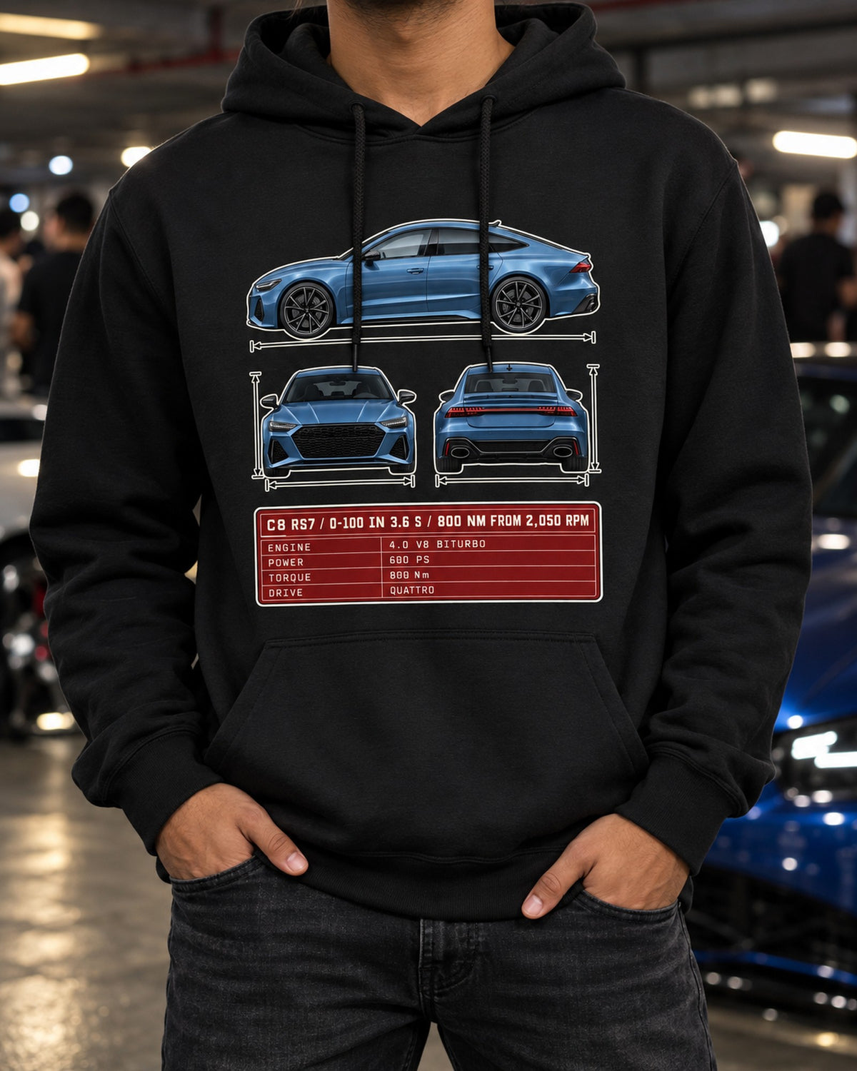 Audi RS7 C8 Three-View Spec Sheet Shirt, 0-100 in 3.6 s Pull Over Hoodie Black worn hero