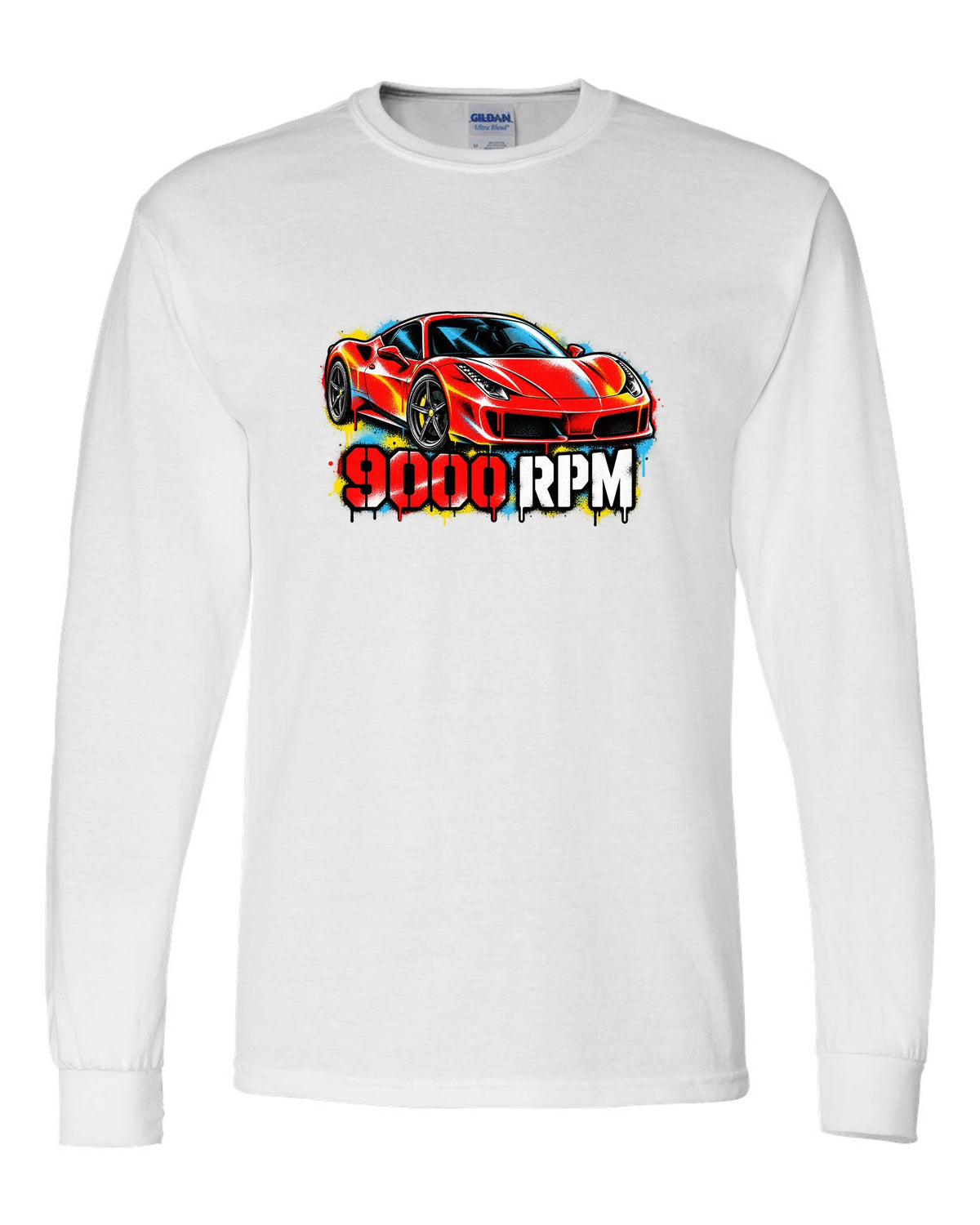 Stencil spray street art of the Ferrari 458 Italia with 9000 RPM text white long sleeve front view with the design