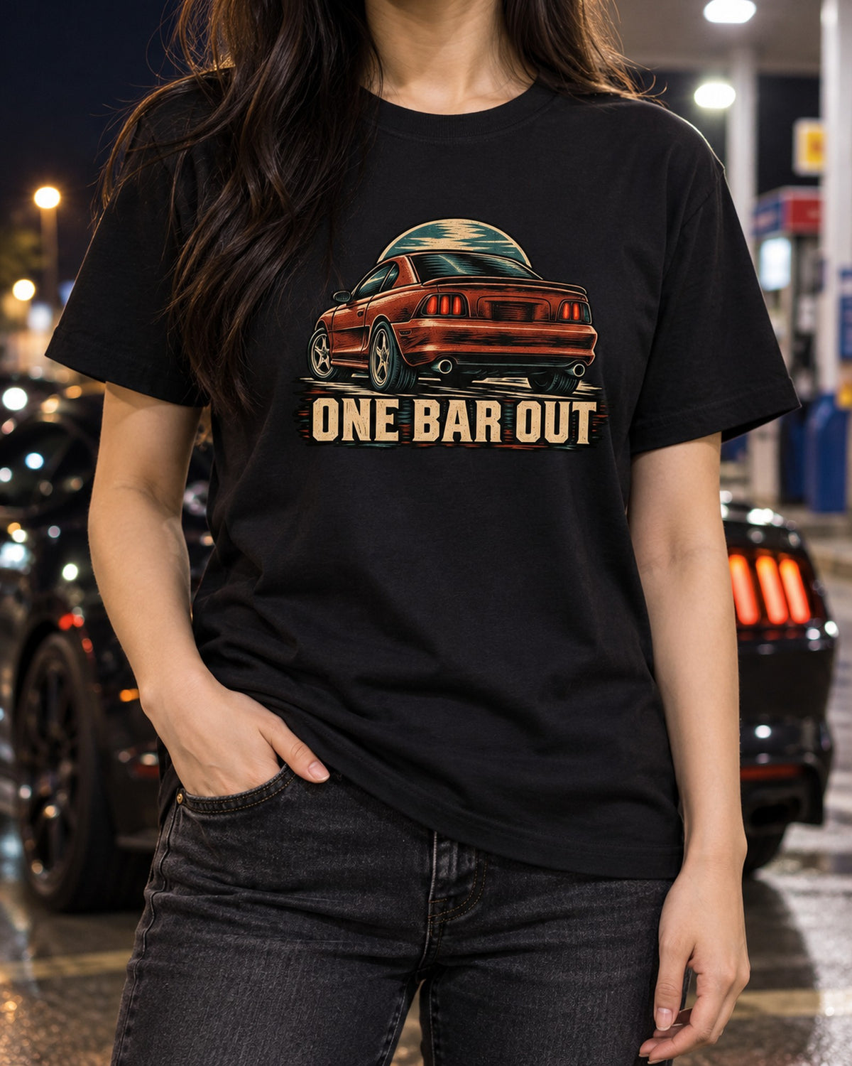 1994-98 SN95 Mustang Linocut Tri-Bar Taillight Print Tee T-Shirt Black worn hero