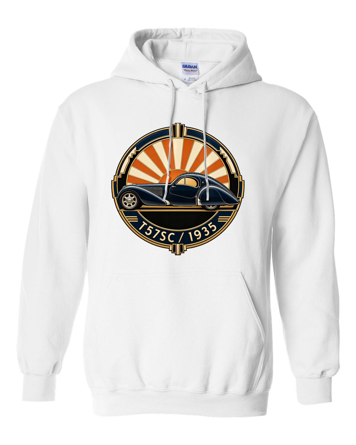 Art Deco crest design featuring the Bugatti Type 57SC Atlantic with T57SC 1935 lettering white pull over hoodie front view with the design