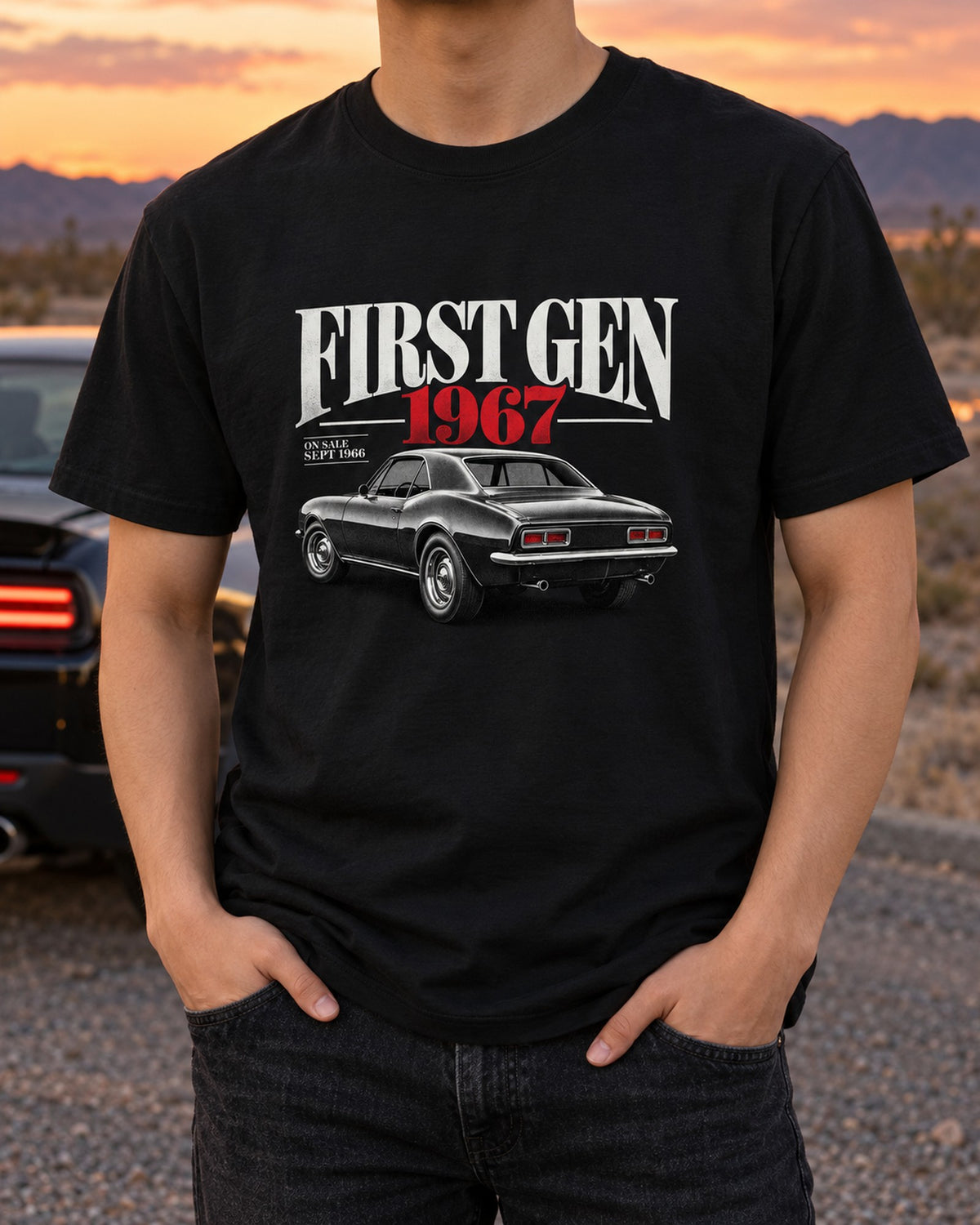 First-Gen 1967 Camaro Editorial print Tee, Car Guy Gift T-Shirt Black worn hero