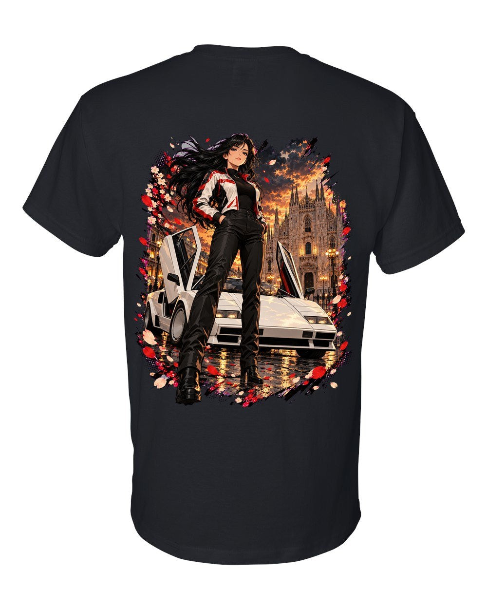 Lamborghini Countach Anime Girl T-Shirt Black back