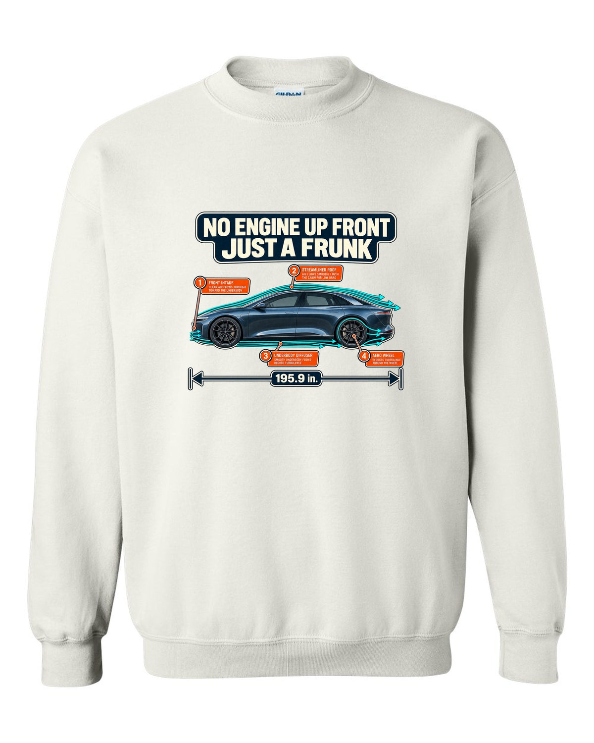 Aero cutaway callout print of a Lucid Air Sapphire showing the front trunk white crewneck front view with the design