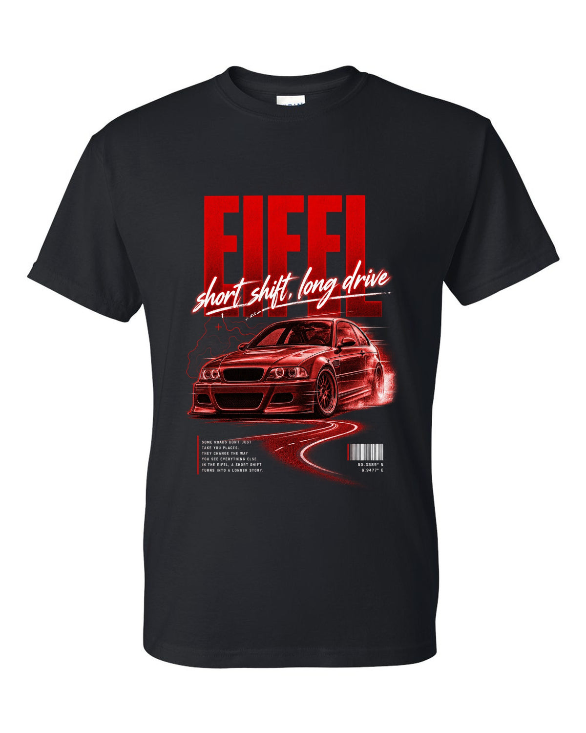 BMW E46 M3 coupe street poster print naming Eifel with short shift long drive text black t-shirt front view with the design