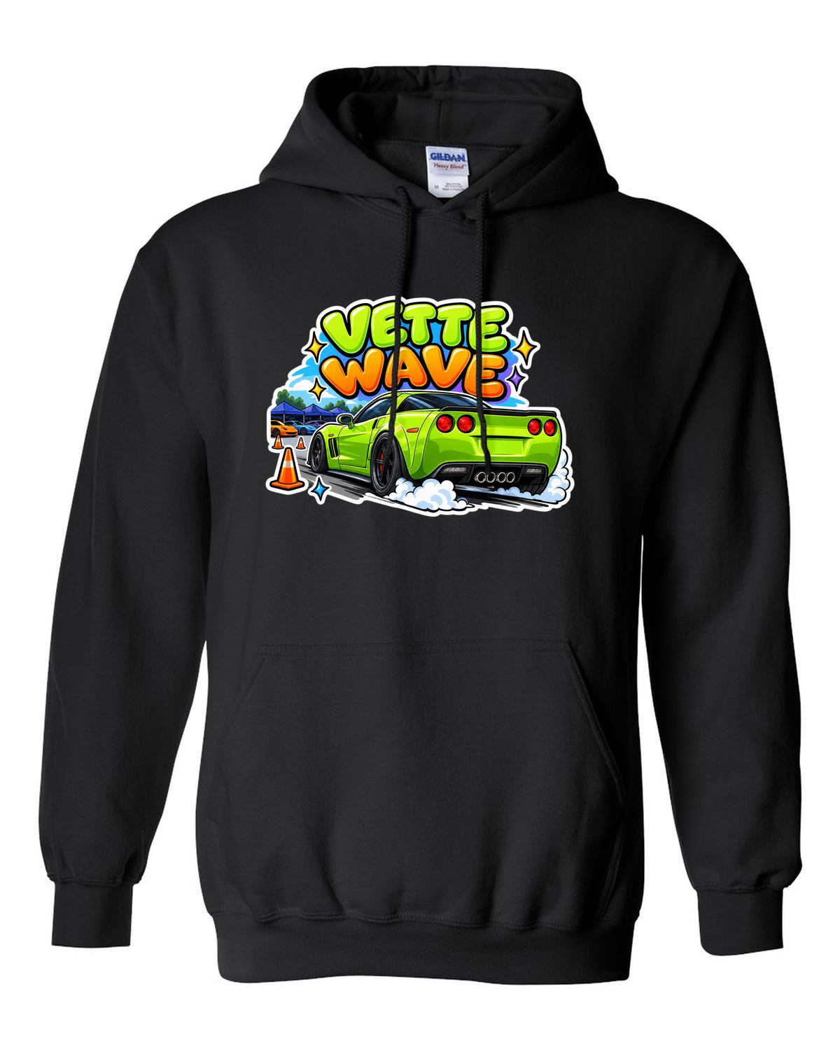 Cartoon sticker sheet print of a 2008 Chevrolet Corvette C6 Z06 with Vette Wave lettering black pull over hoodie front view with the design