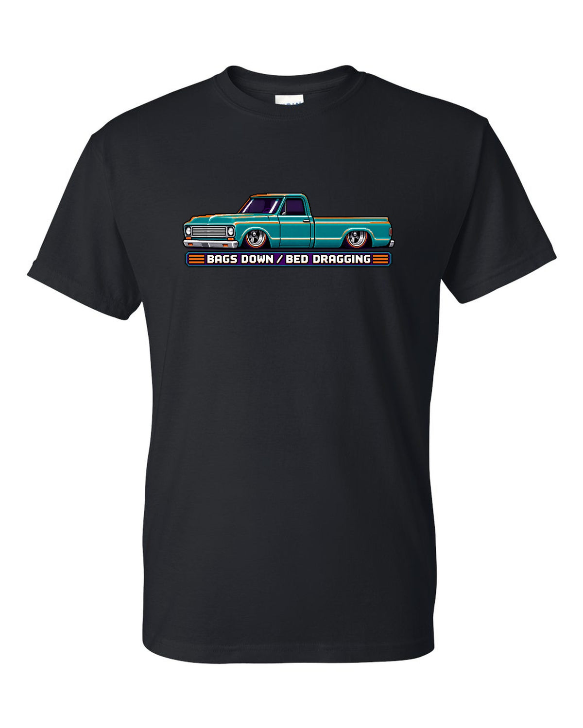 8/16-bit pixel art print of a bagged 1967-72 Chevrolet C10 Action Line Fleetside with bags down bed dragging lettering black t-shirt front view with the design