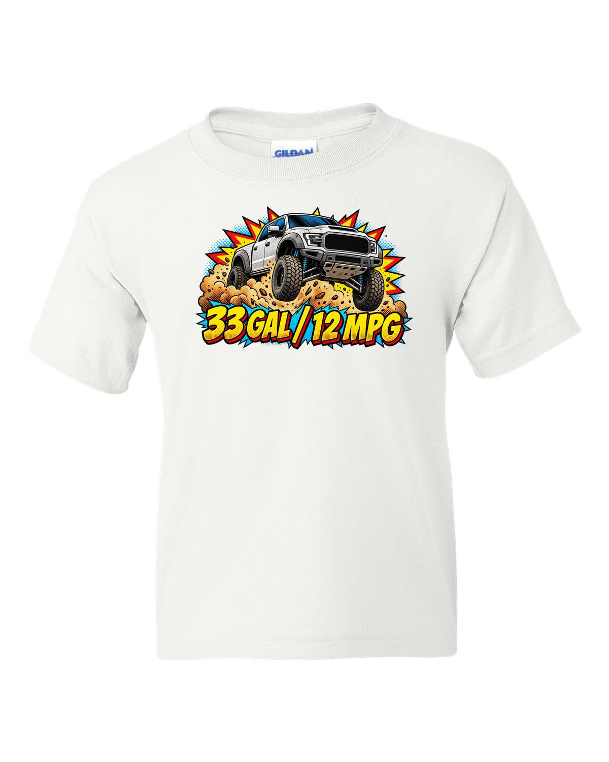 Comic halftone print of an airborne 2021-2024 Ram 1500 TRX with 33 gal 12 mpg text white kids tee front view with the design