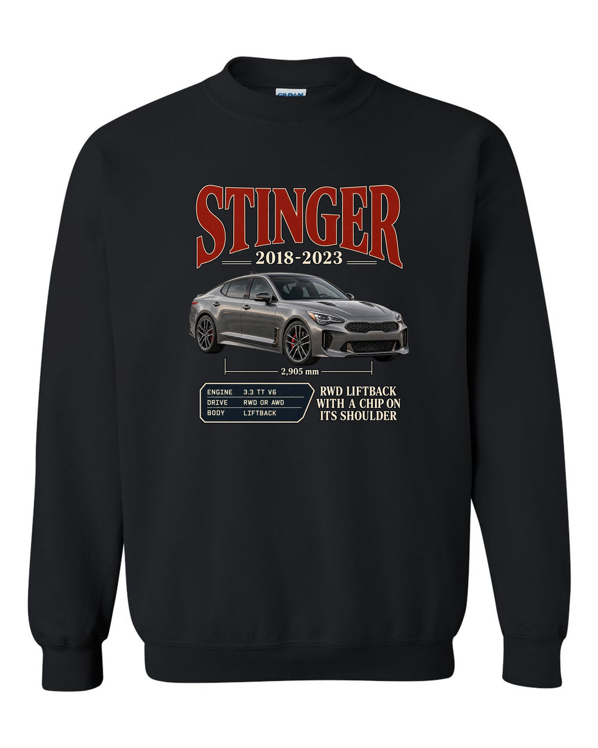Kia Stinger GT archive panel print covering 2018 to 2023 black crewneck front view with the design