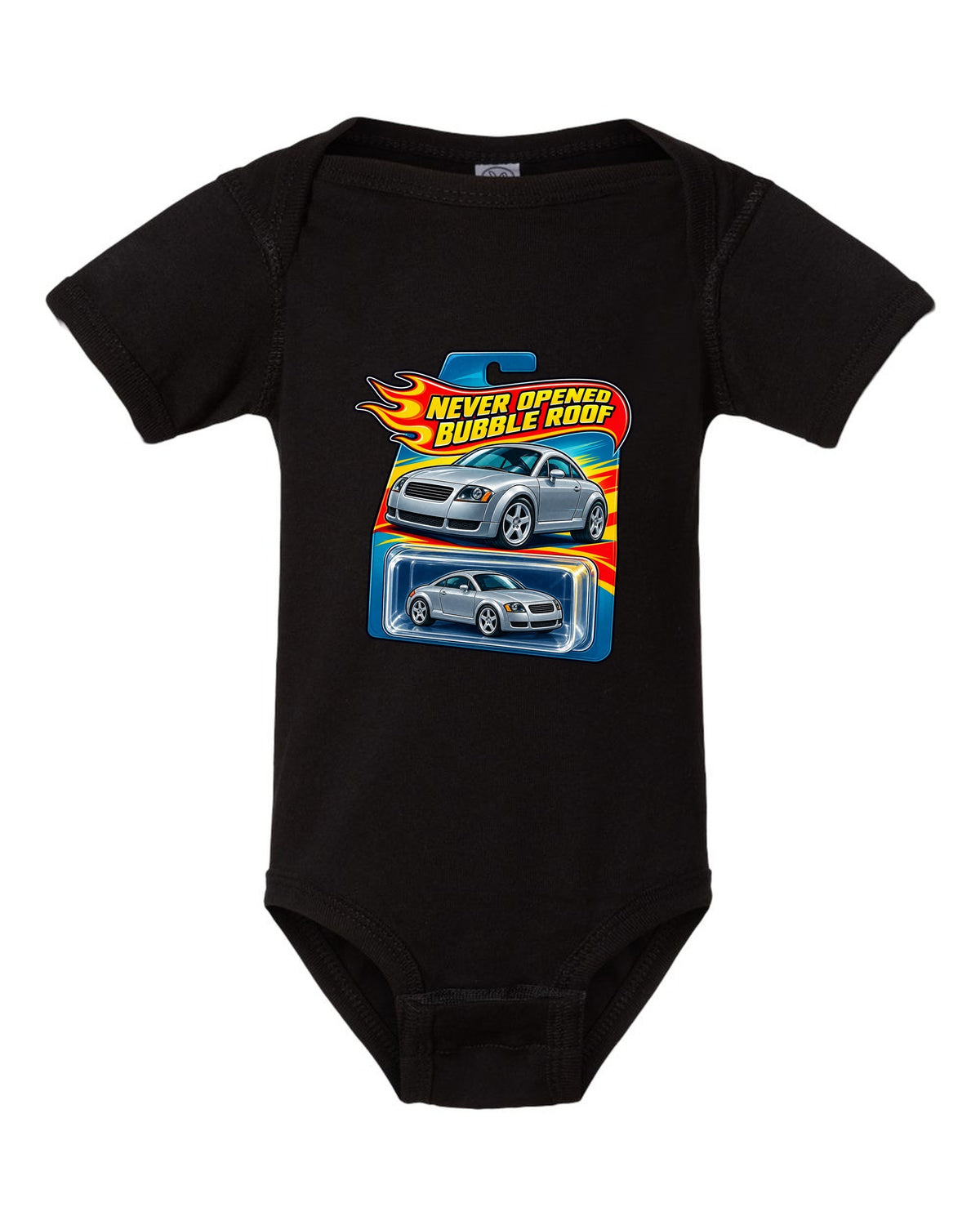Toy blister card style print of an Audi TT 8N with Never Opened text black baby onesie front view with the design