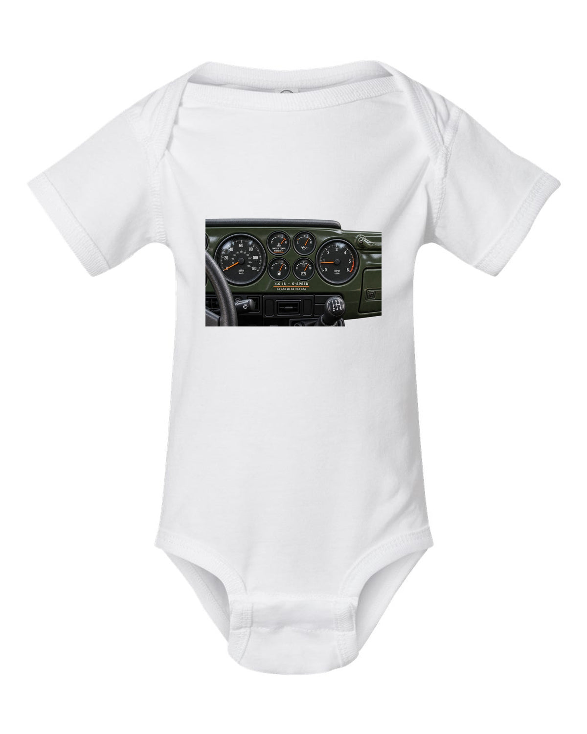 Gauge cluster print for the Jeep Wrangler TJ 4.0 I6, 1997-2006 white baby onesie front view with the design
