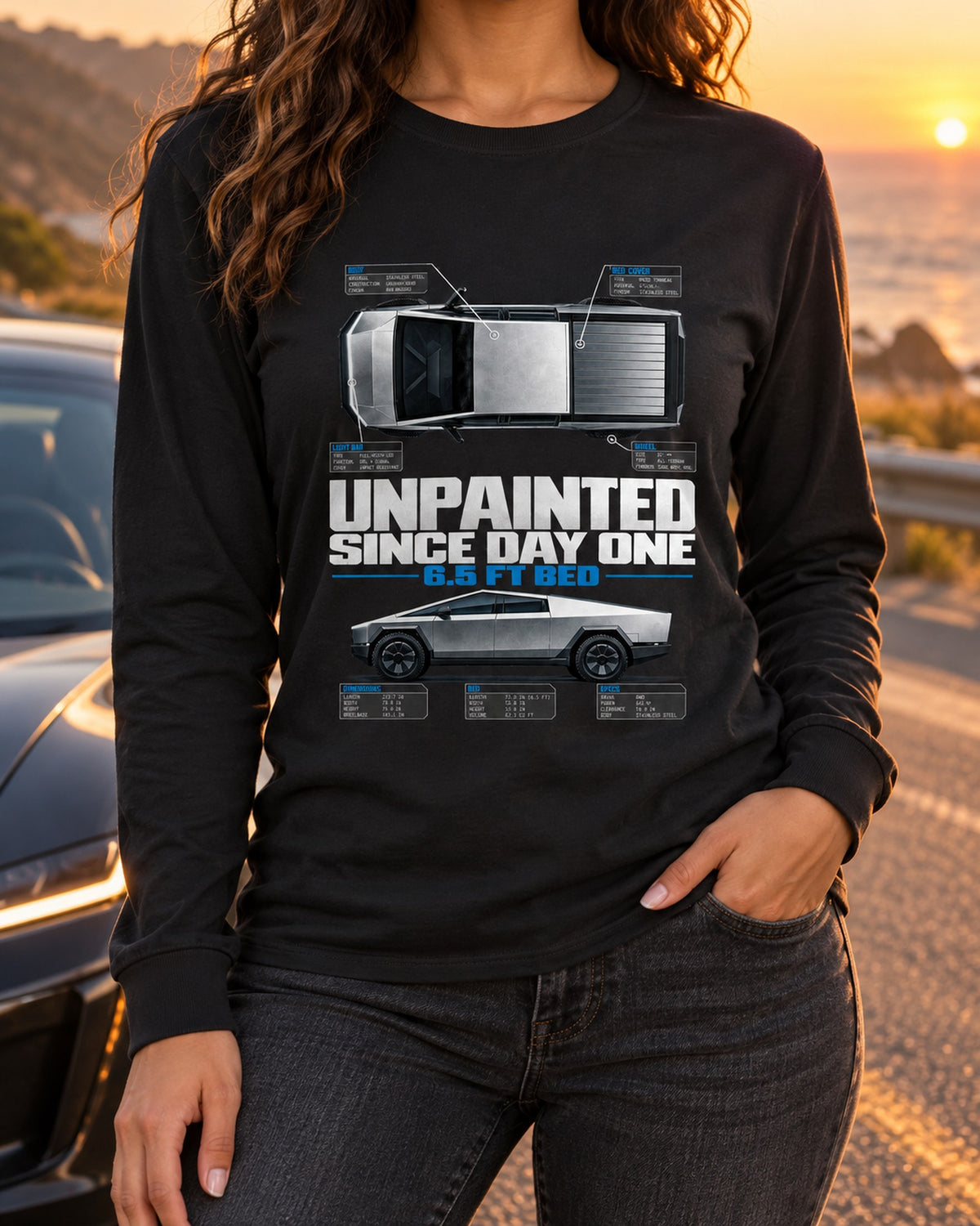 Cybertruck Unpainted Top-Down Spec Poster Shirt, Truck Gift Long Sleeve Black worn hero