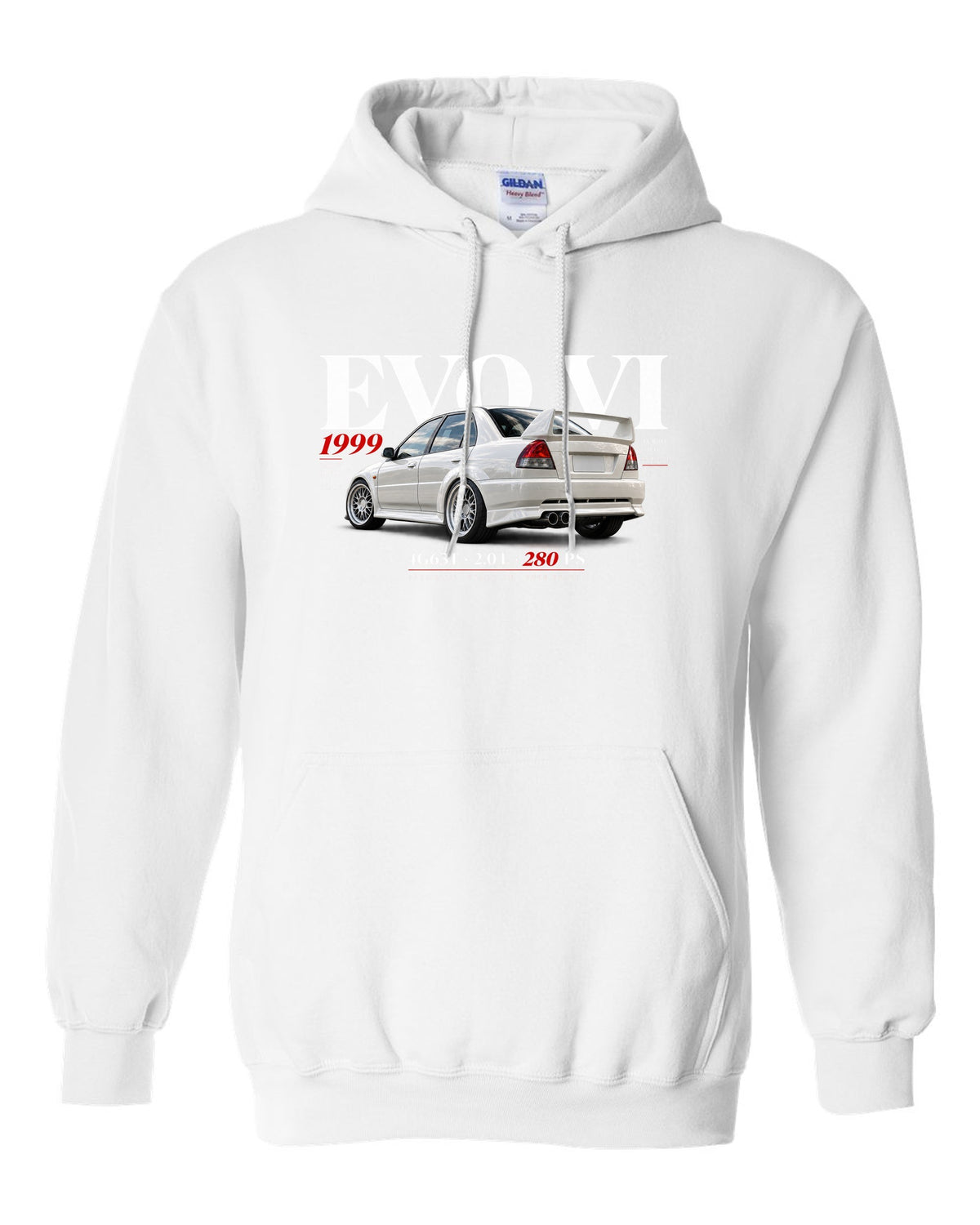 Mitsubishi Lancer Evolution VI TME CP9A editorial headline with 4G63T specs white pull over hoodie front view with the design