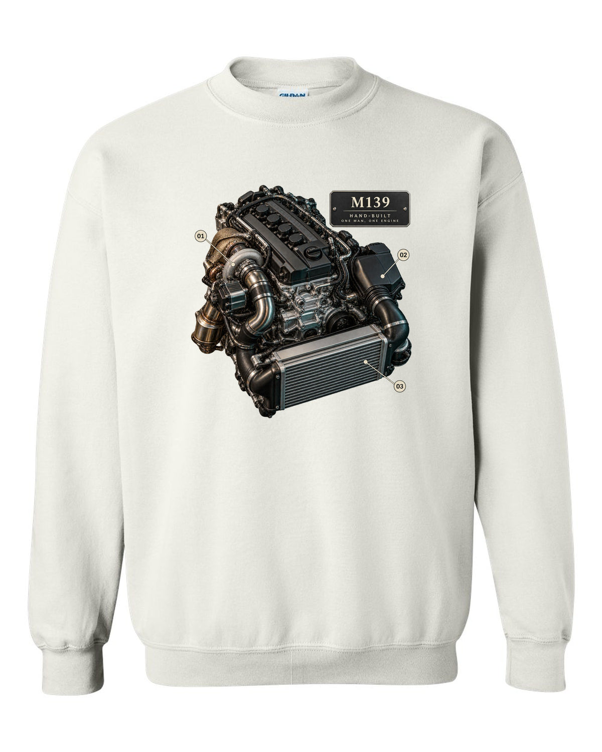 Mercedes-AMG C63 S E Performance W206 M139 engine illustration white crewneck front view with the design