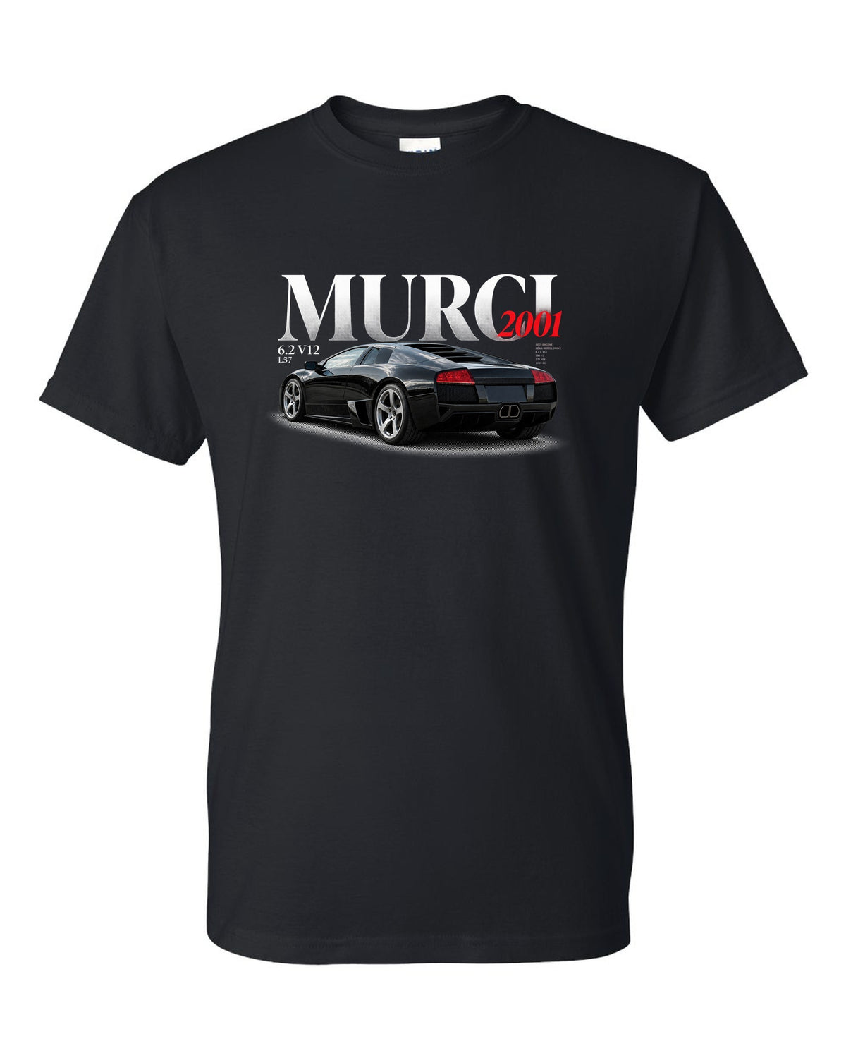 Editorial style print of a Lamborghini Murcielago L537 with 6.2 V12 and 2001 text black t-shirt front view with the design