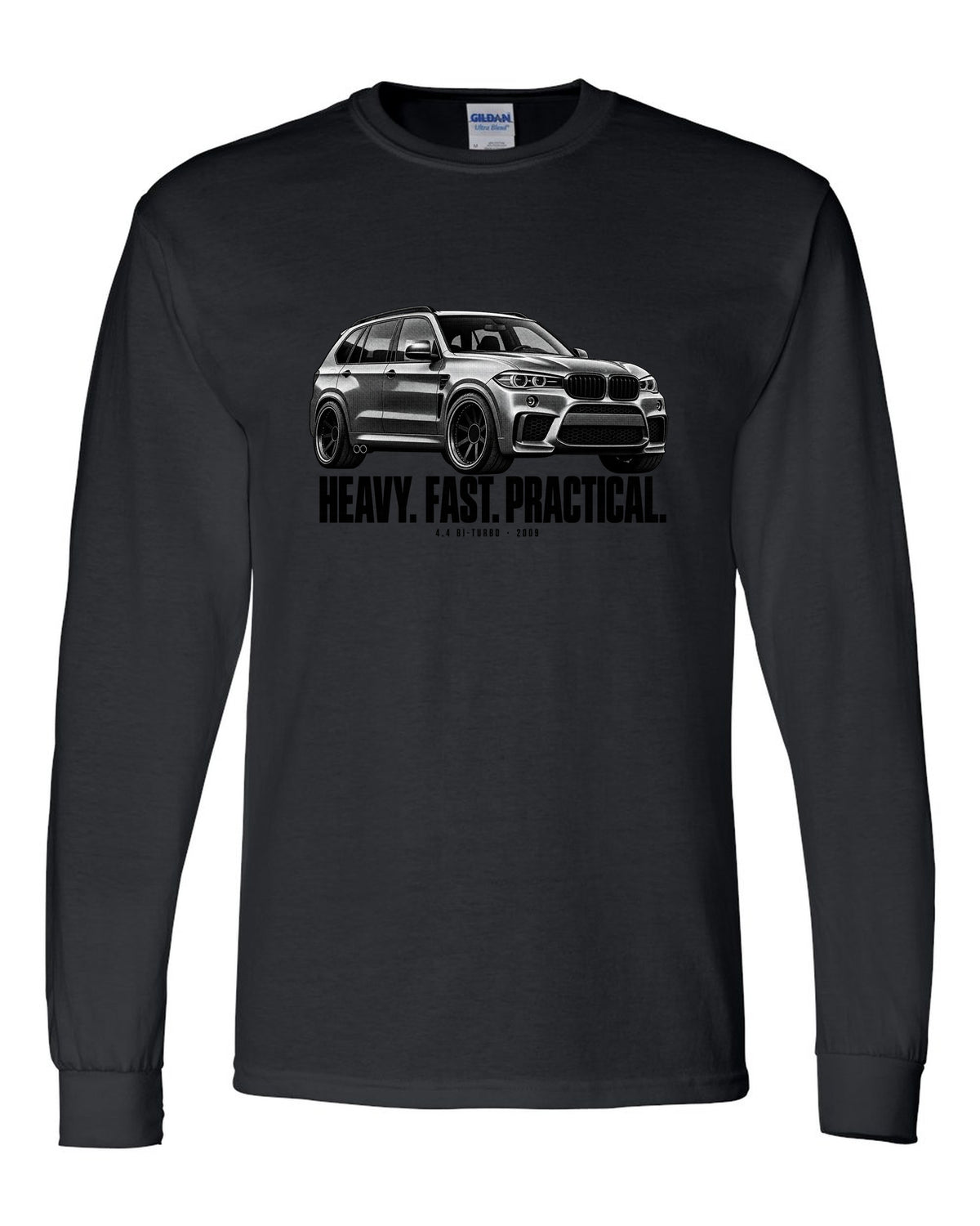 BMW X5 M E70 halftone print with heavy fast practical text and 4.4 bi-turbo black long sleeve front view with the design