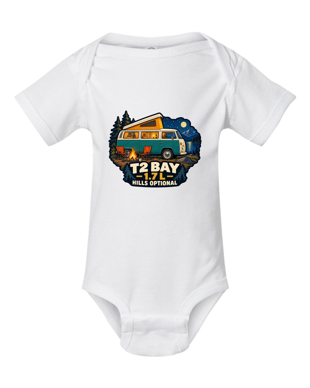 1972 VW Bus T2 Bay Window at a night camp painted in gouache white baby onesie front view with the design