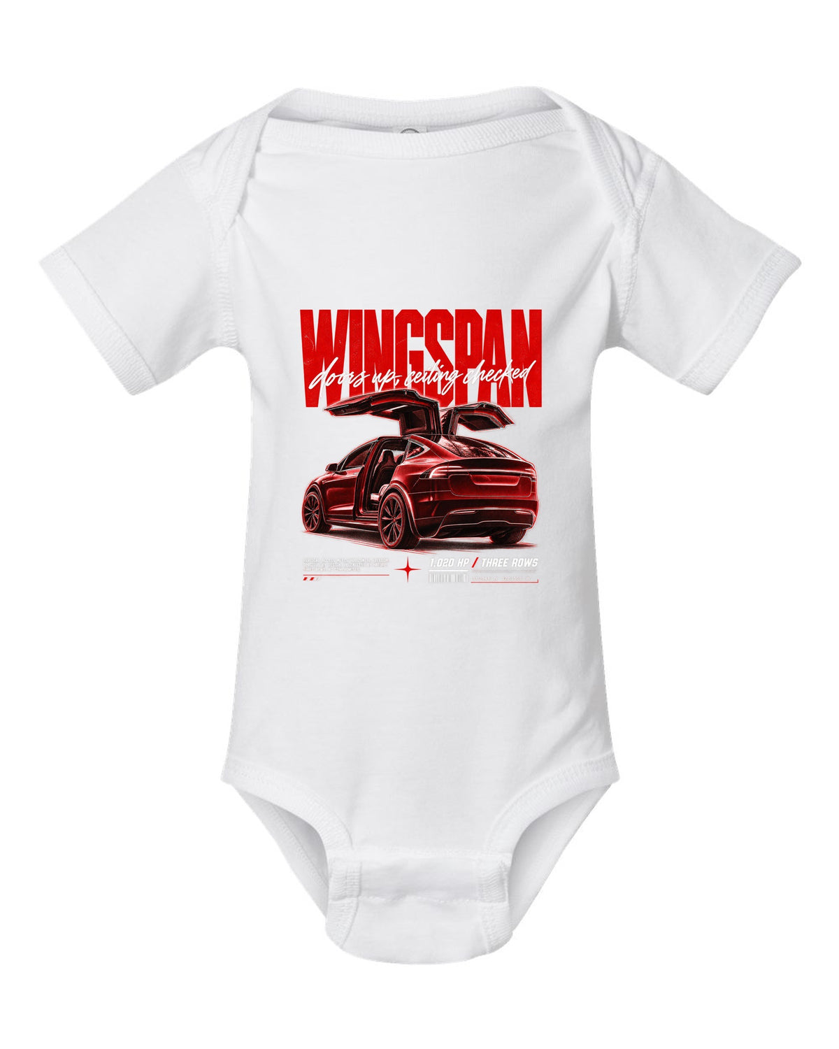 Tesla Model X Plaid 2021 with falcon doors raised in a street poster titled Wingspan white baby onesie front view with the design