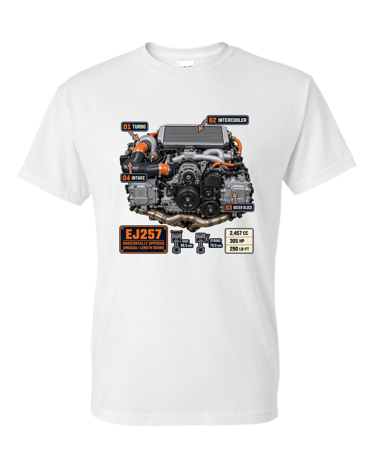 Poster-style print of a Subaru EJ257 boxer engine from the WRX STI VA with technical callouts white t-shirt front view with the design