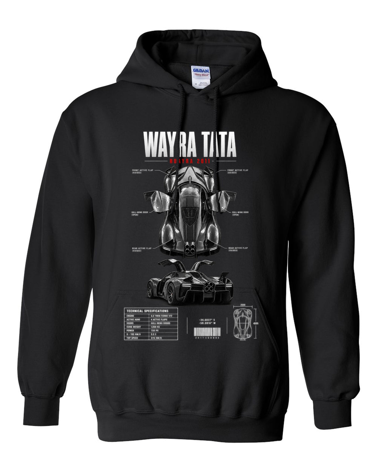Spec poster print of a 2011 Pagani Huayra with four centre exhausts and gull-wing doors black pull over hoodie front view with the design