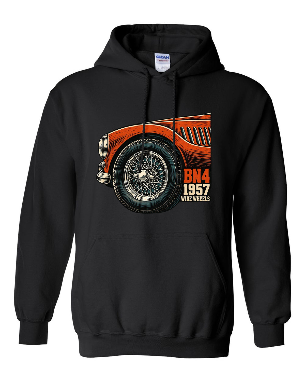 Linocut close-up of a wire wheel on a 1957 Austin-Healey 100-Six BN4 black pull over hoodie front view with the design