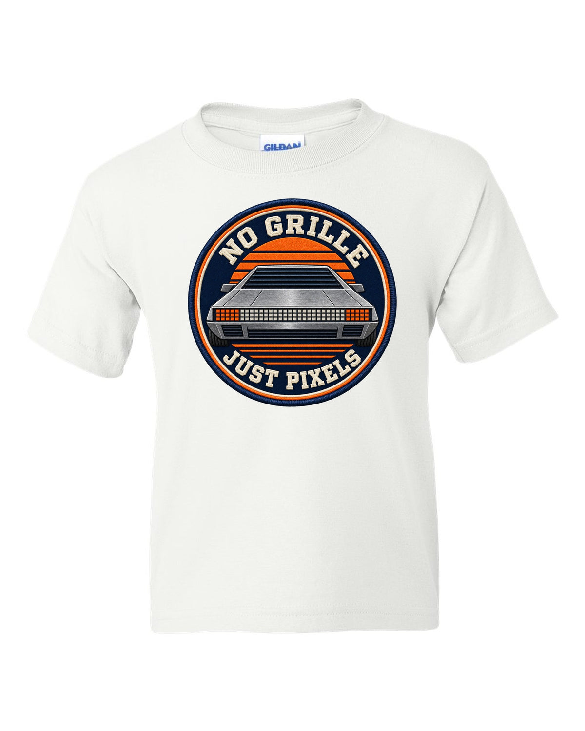 Varsity crest design of the Hyundai N Vision 74 concept with pixel styling white kids tee front view with the design