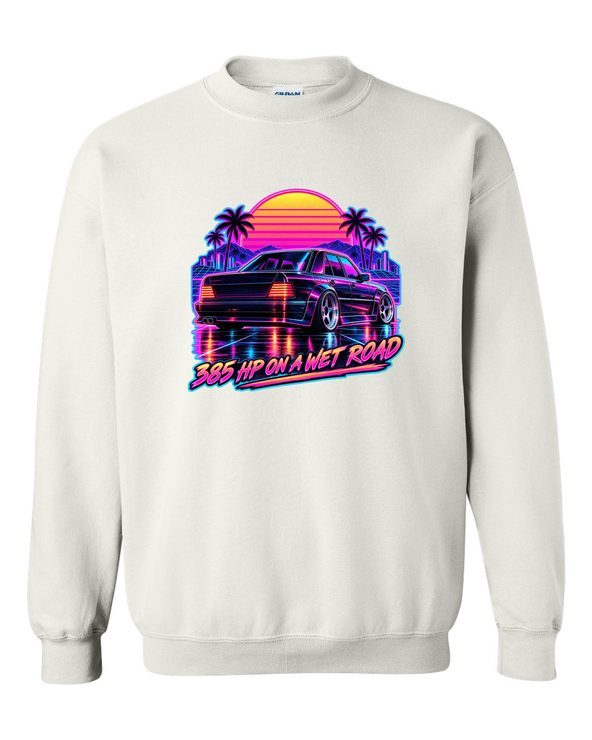 Synthwave outrun print of Mercedes 300E Hammer W124 taillights on a wet road white crewneck front view with the design