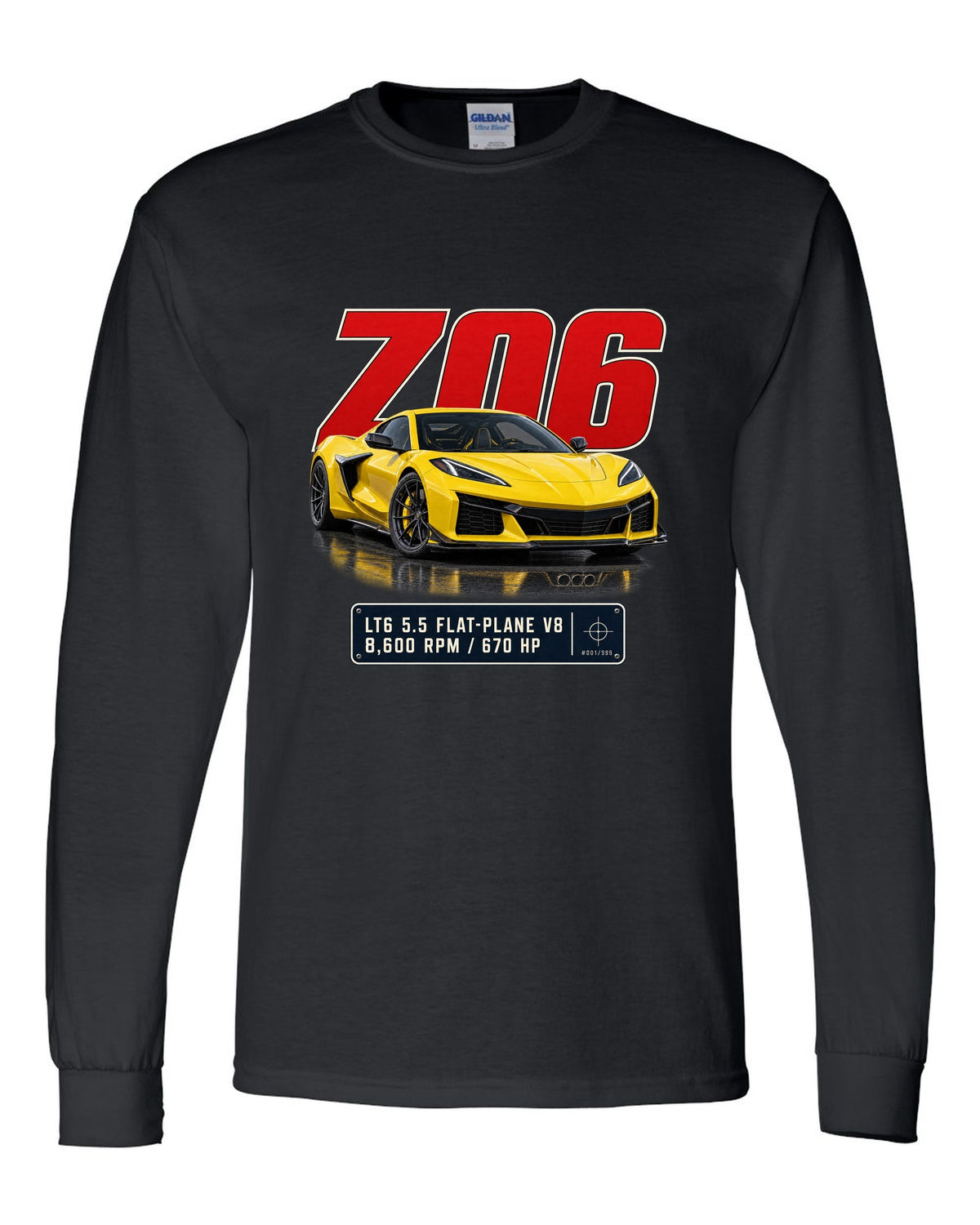 Editorial headline print of a yellow Chevrolet Corvette C8 Z06 black long sleeve front view with the design