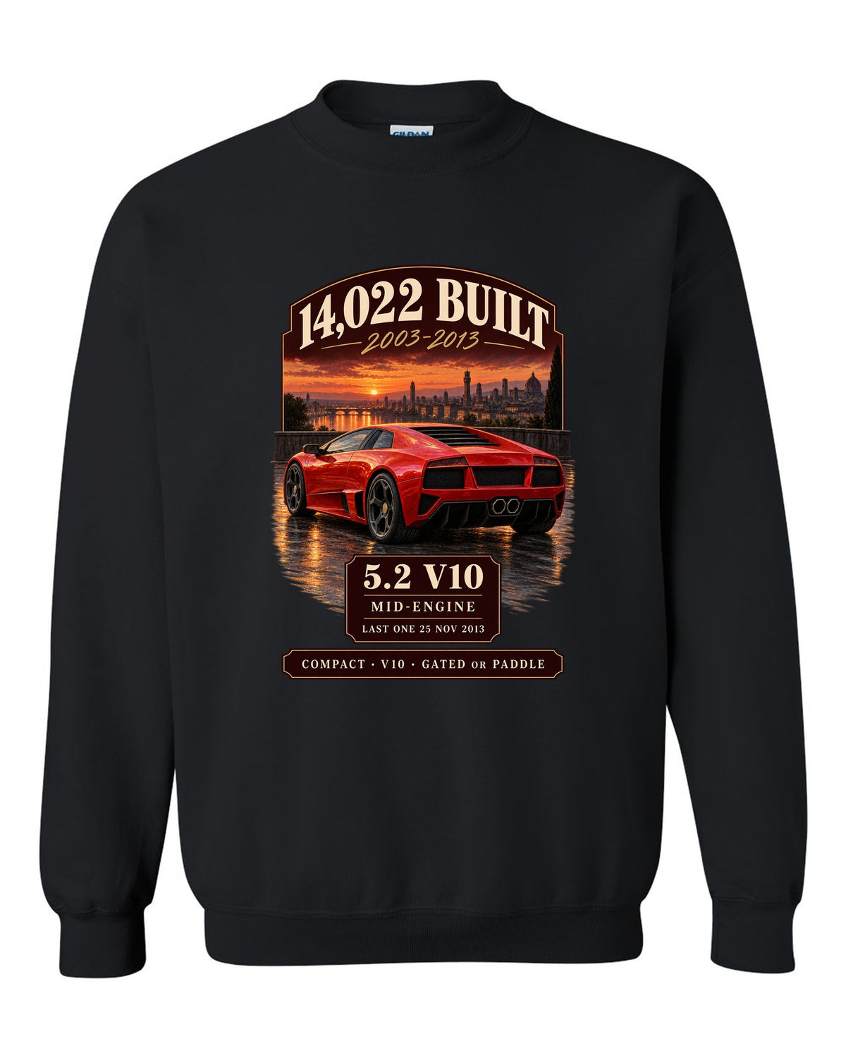 Archive panel print of a Lamborghini Gallardo LP570-4 with 14,022 built and 5.2 V10 text black crewneck front view with the design