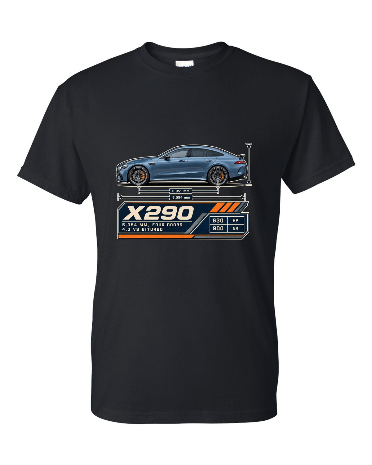 Mercedes-AMG GT 63 S 4-Door X290 steel blue blueprint print black t-shirt front view with the design