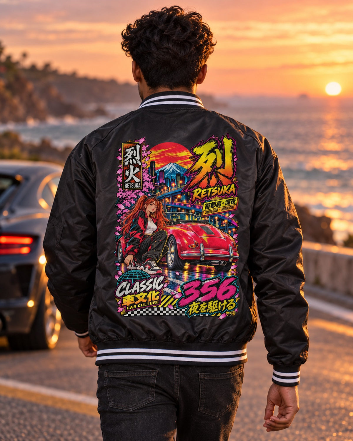 RETSUKA 356 Anime Girl Full-Back Graphic Tee Bomber Jacket Black worn hero