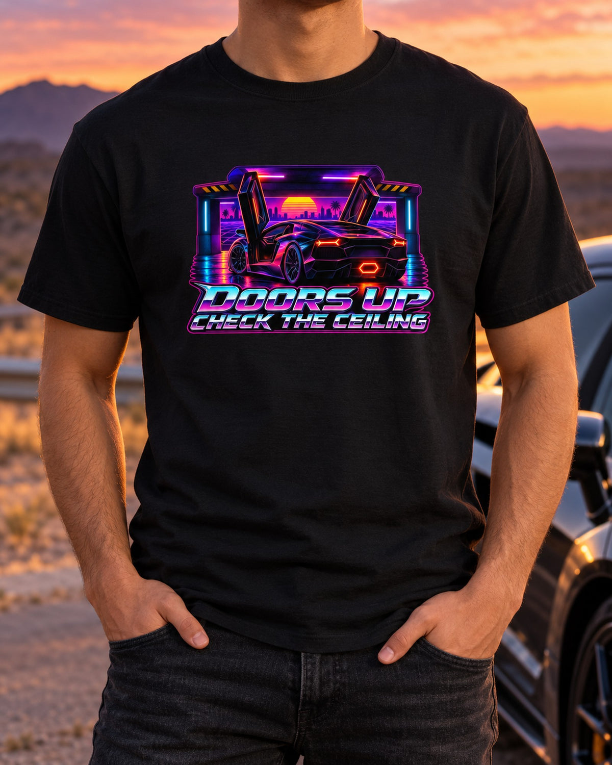 Aventador LP700-4 Synthwave Doors Up Tee, Midnight Grid T-Shirt Black worn hero