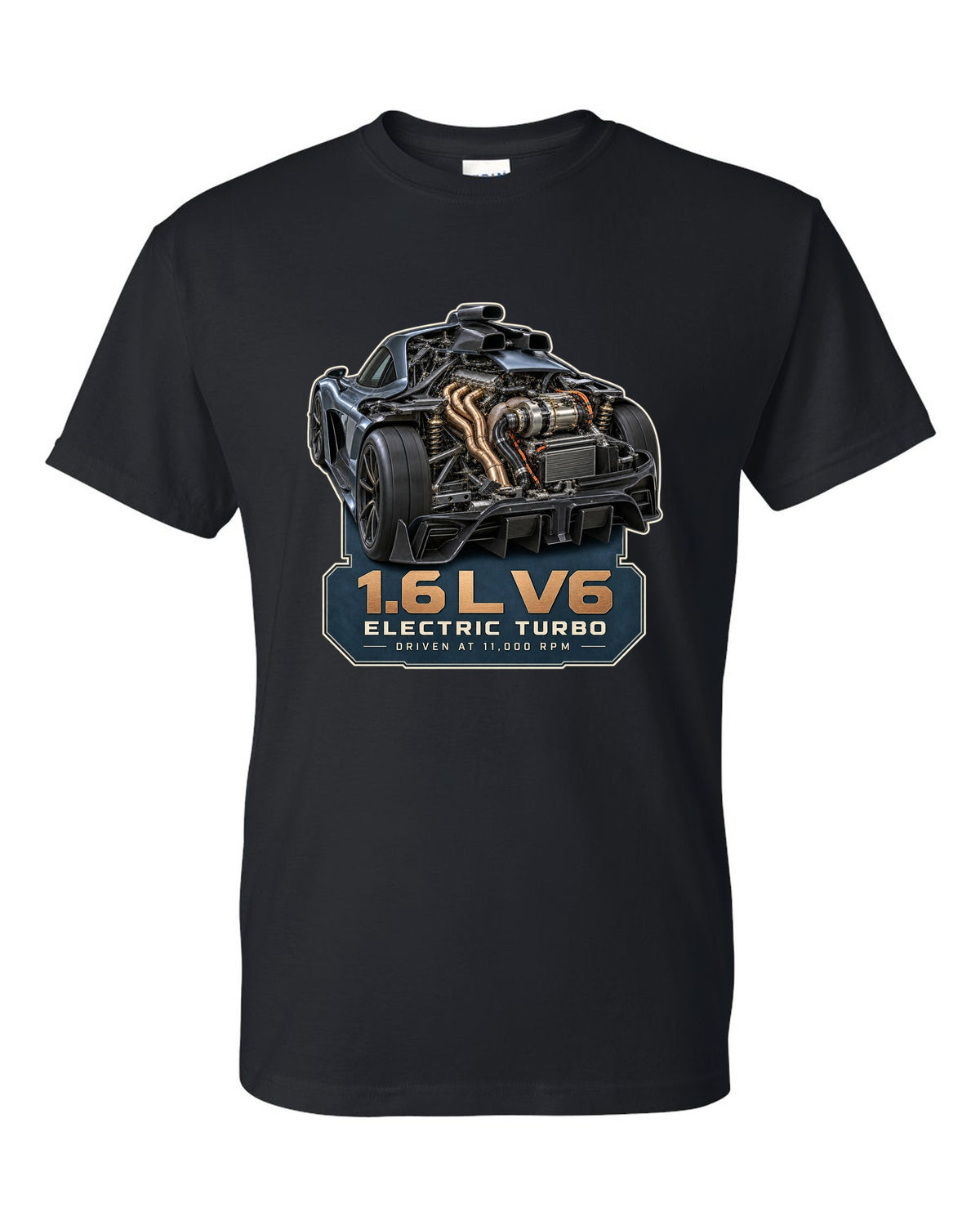 Mercedes-AMG One 1.6 L V6 hybrid power unit engine illustration black t-shirt front view with the design
