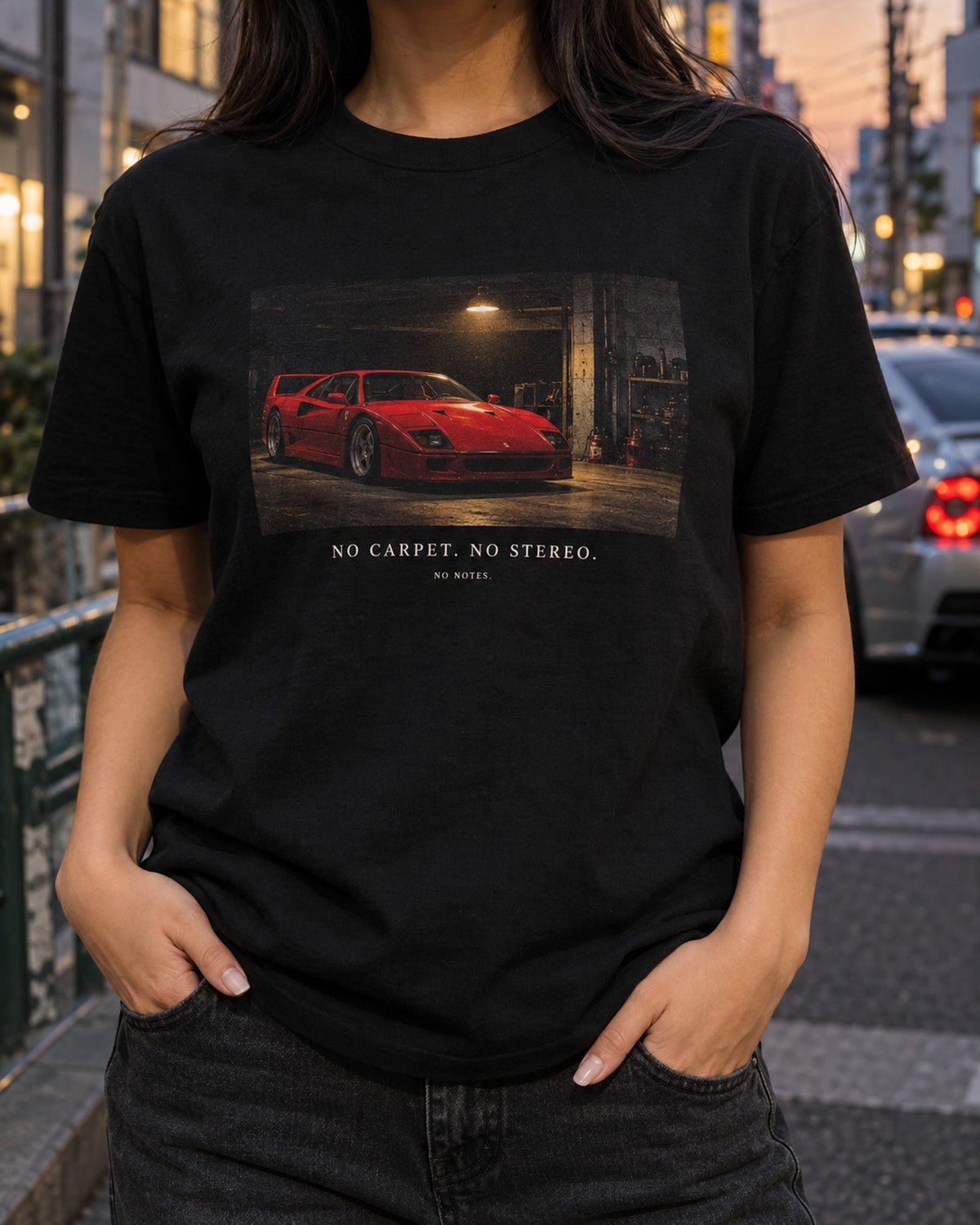 Ferrari F40 Night Garage Shirt, No Carpet No Stereo print T-Shirt Black worn hero