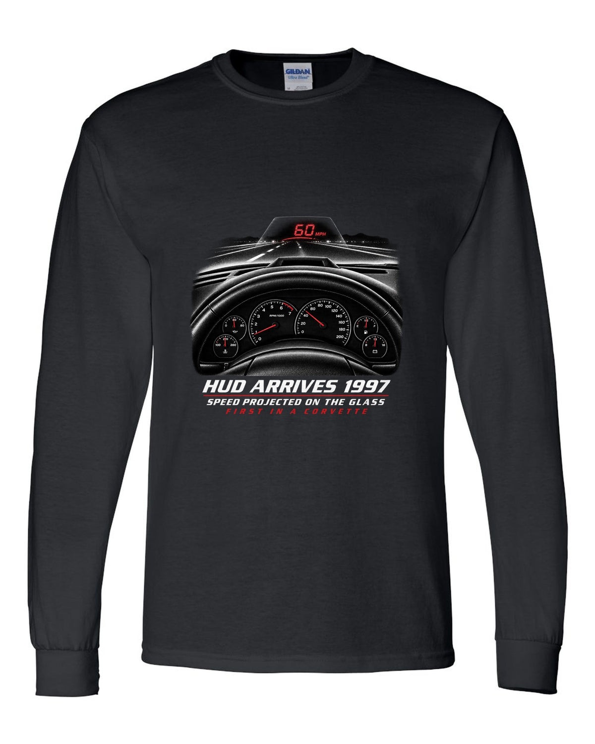 Corvette C5 heads-up display and gauge cluster print black long sleeve front view with the design