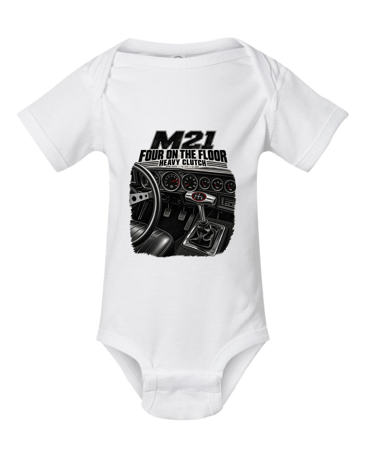 1970 Nova SS interior with Muncie four-speed shifter cockpit print white baby onesie front view with the design