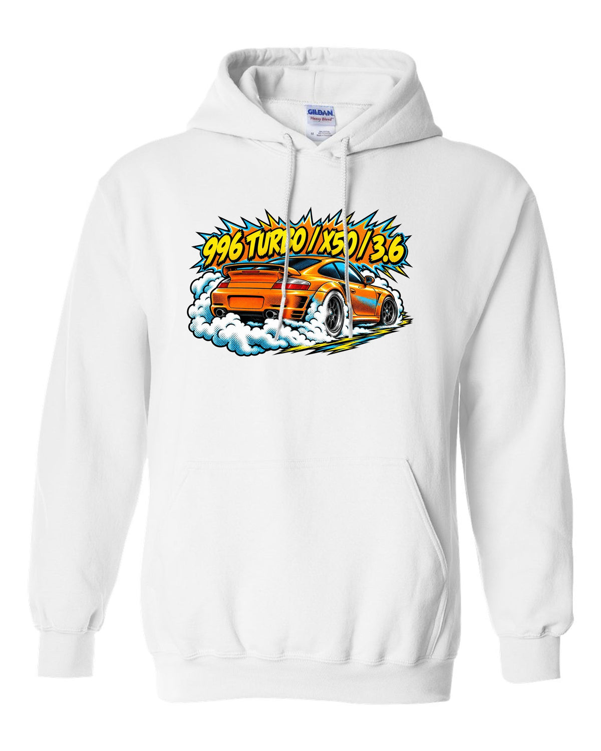 Porsche 996 Turbo comic halftone burnout burst design with X50 lettering white pull over hoodie front view with the design