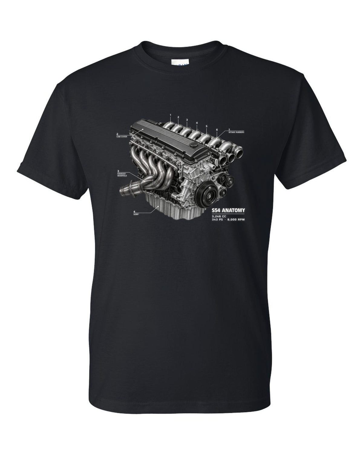 BMW E46 M3 S54 engine anatomy print with 3,246 cc 343 PS and 8,000 rpm text black t-shirt front view with the design